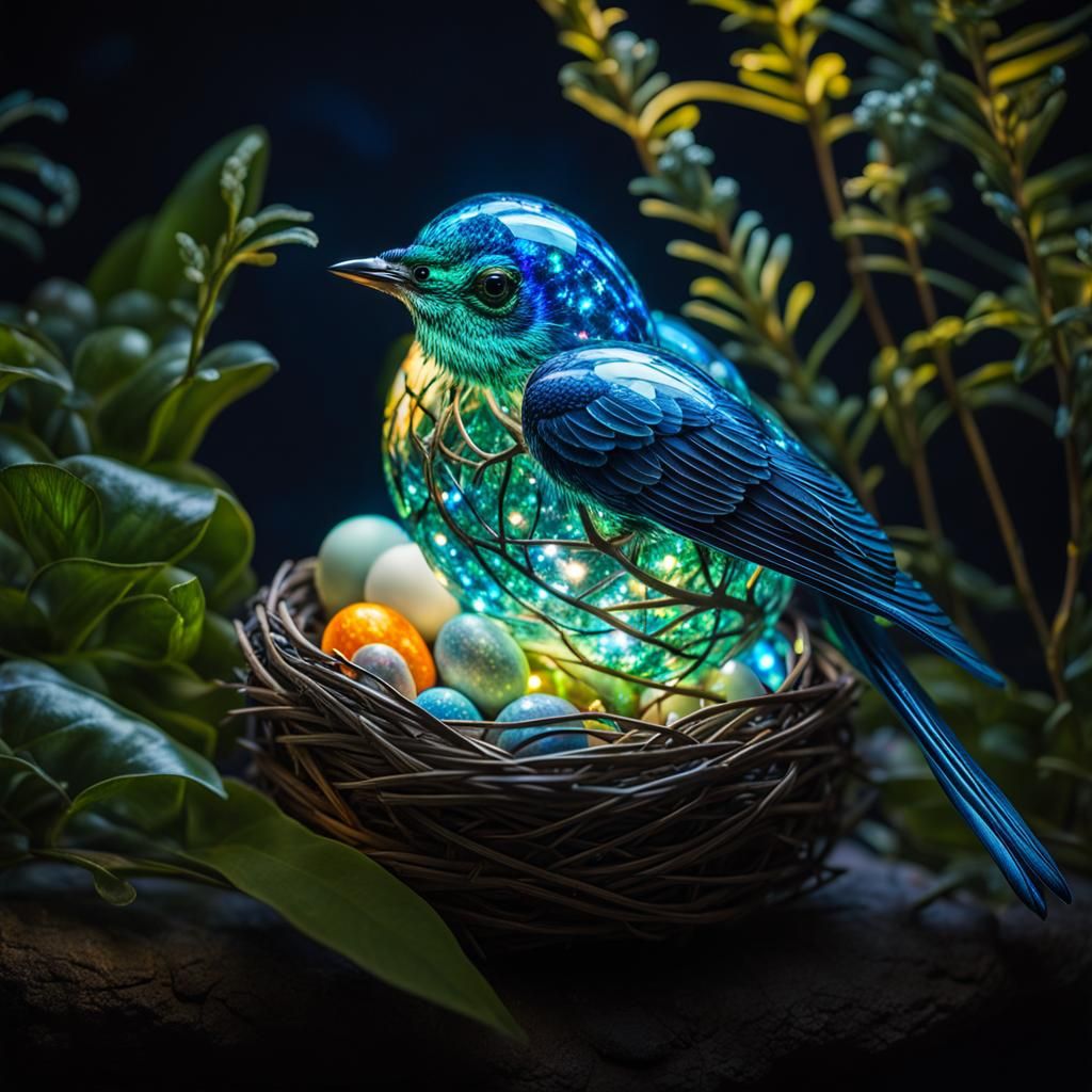 Glass Bird in Bioluminescent Nest, Fantasy Artwork