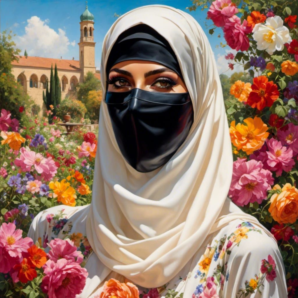 Beautiful Niqabi Woman Portrait in Floral Garden