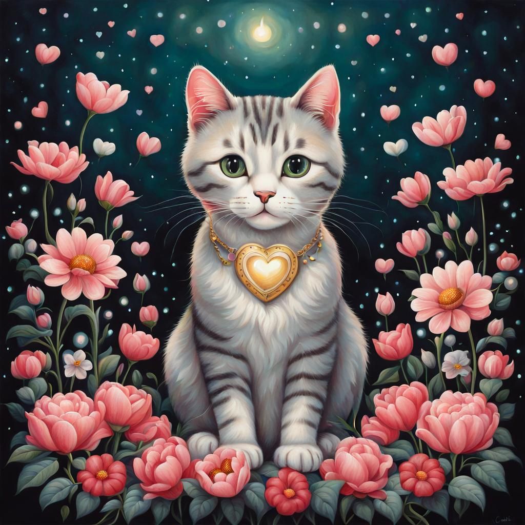 Cute Cat Surrounded by Flowers and Heart Lights