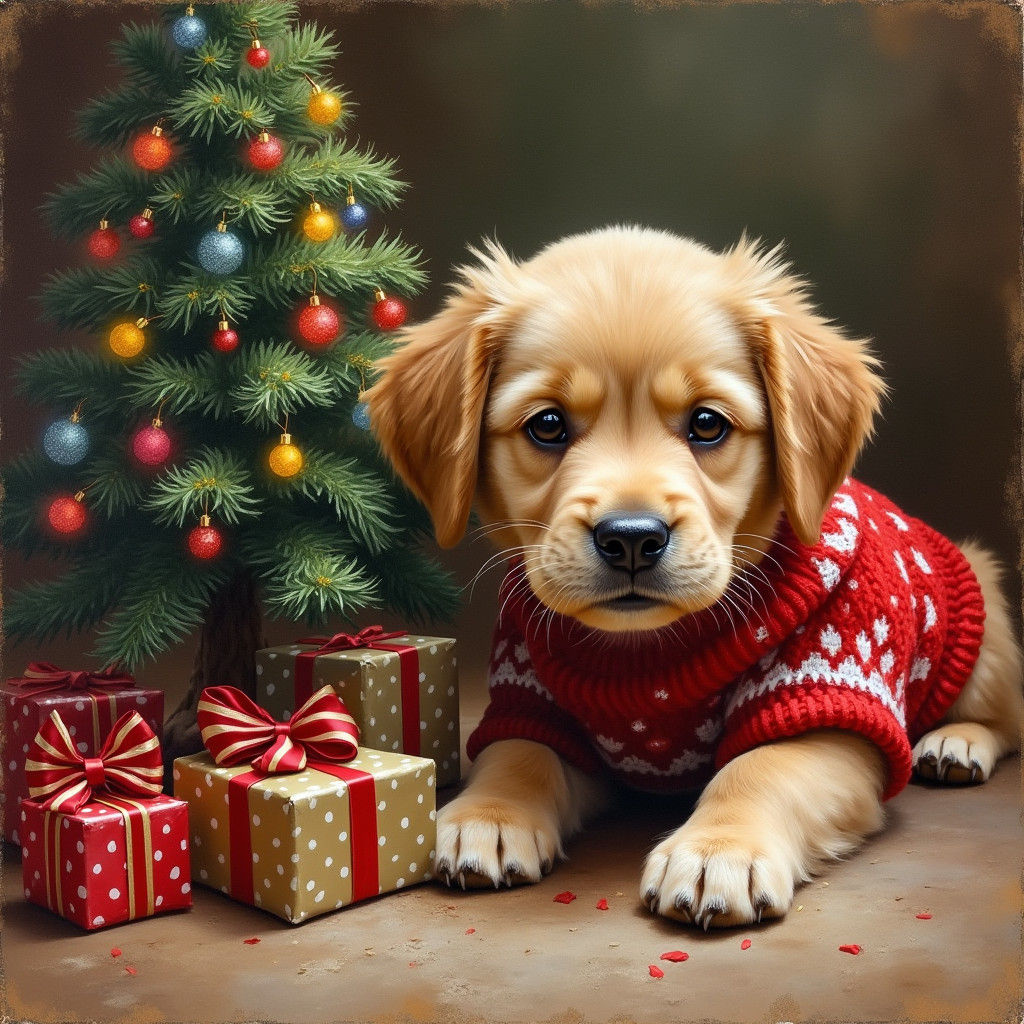 Festive Puppy's Christmas: An Impressionist Oil Painting