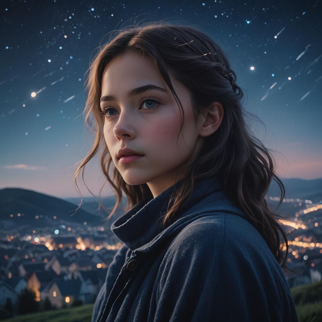 Dreamlike Girl Overlooking Mystical Town at Night