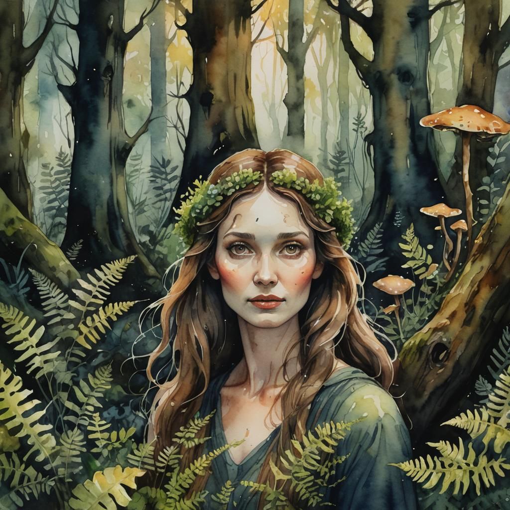 Mystical Woman Portrait in Watercolor Style