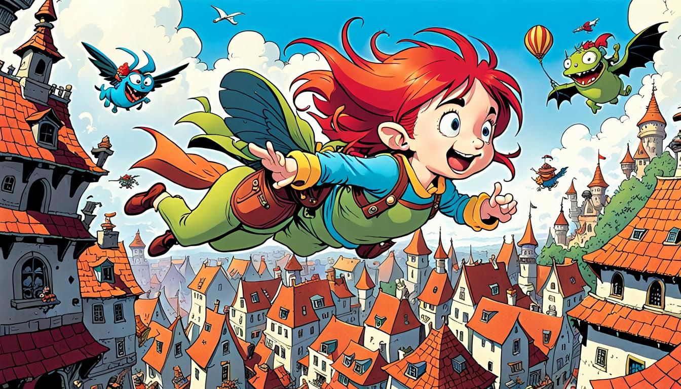 Whimsical Flying Girl in a Magical Landscape