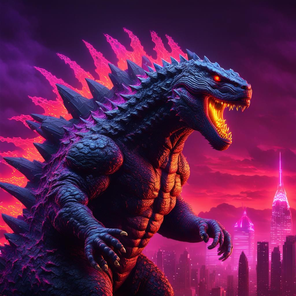 Synthwave Godzilla with Glowing Veins: 8K Artstation Paintin...