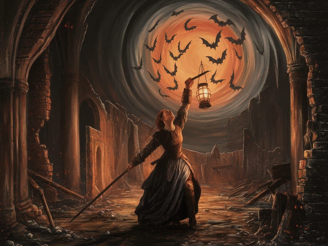 Gothic Warrior in Crumbling Cathedral: Caravaggio Style