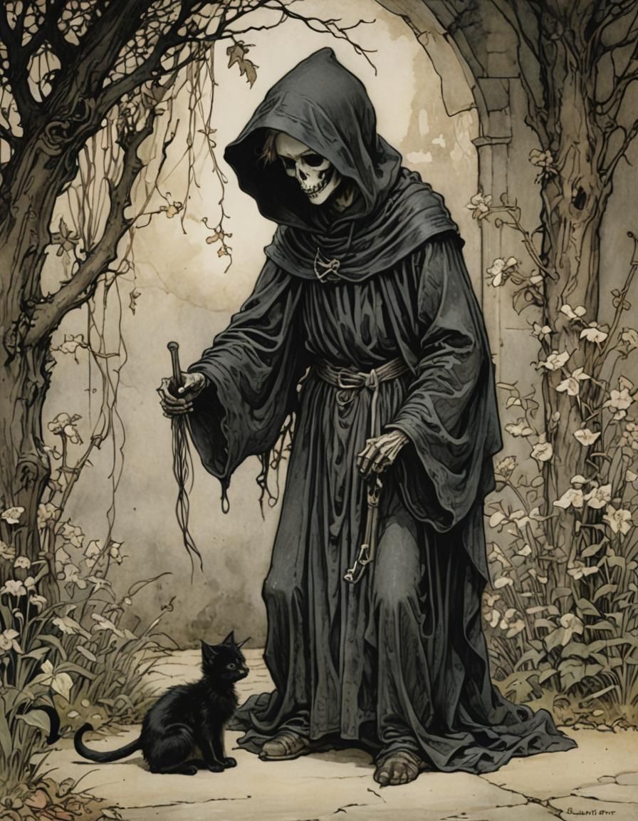 Grim Reaper and Kitten in Fairy Art Style