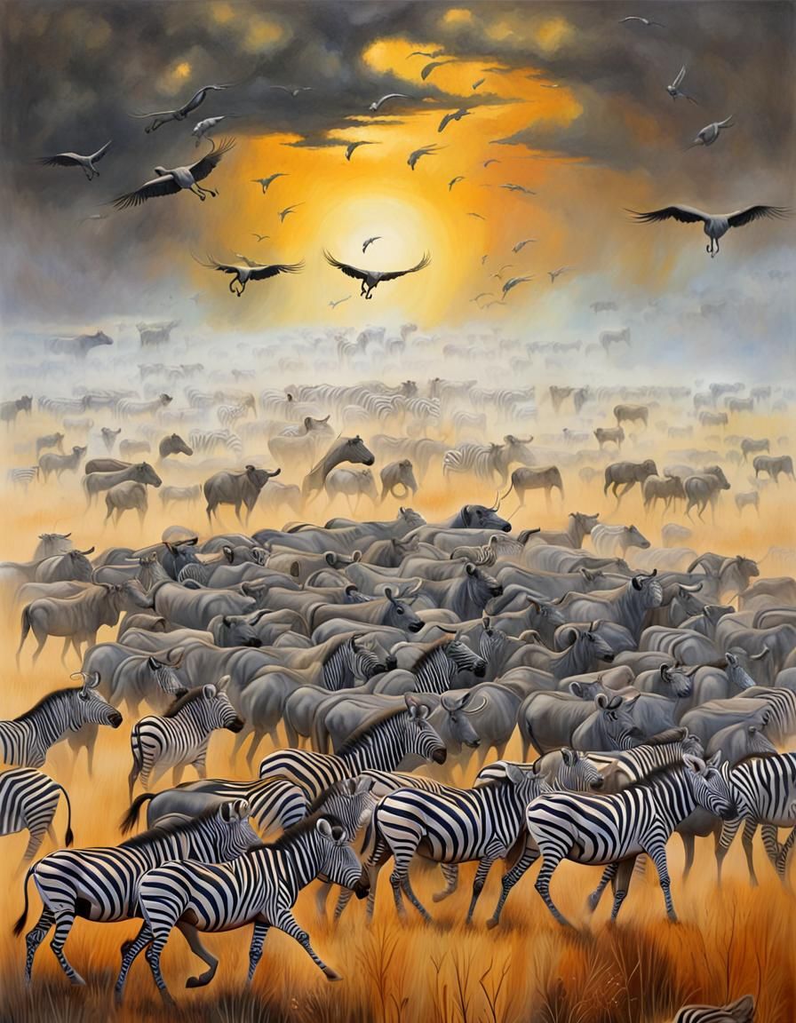 Serengeti Great Migration: Wildebeest and Zebras Oil Paintin...