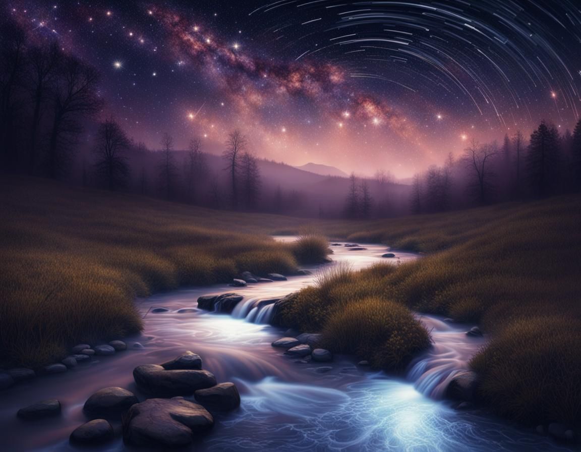 Dreamy Stream Under Sparkling Stars at Night