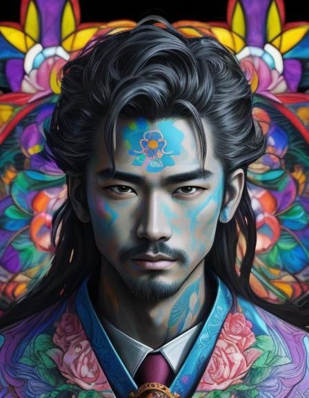 East Asian Man with Roses in Vaporwave Graffiti Art