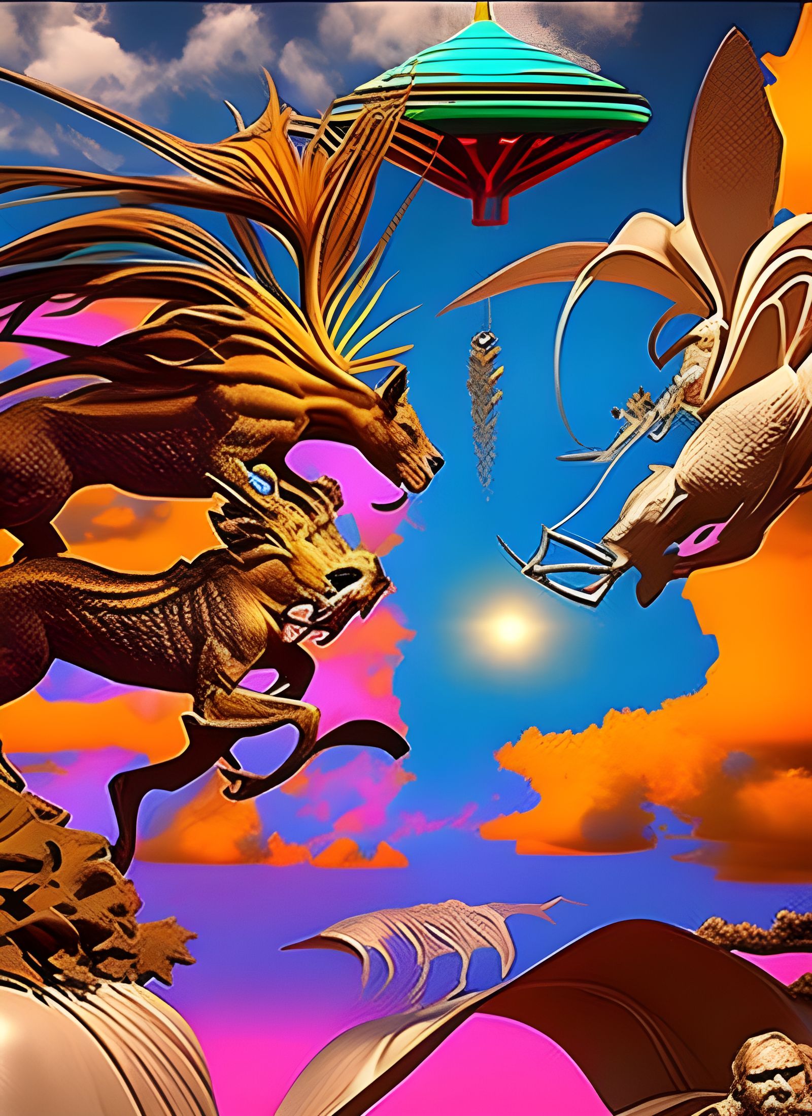 Futuristic Cityscape with Bizarre Creatures: Hyperreal Paint...