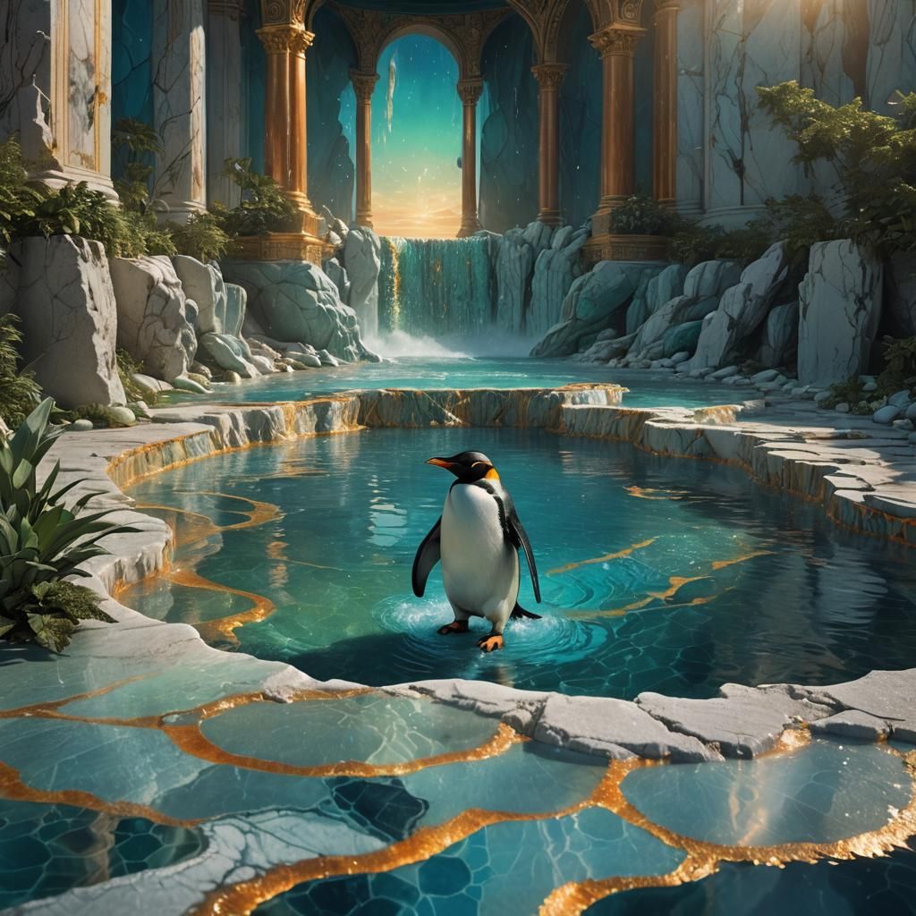 Powerful Penguin in Marble Pool: Fantasy Art