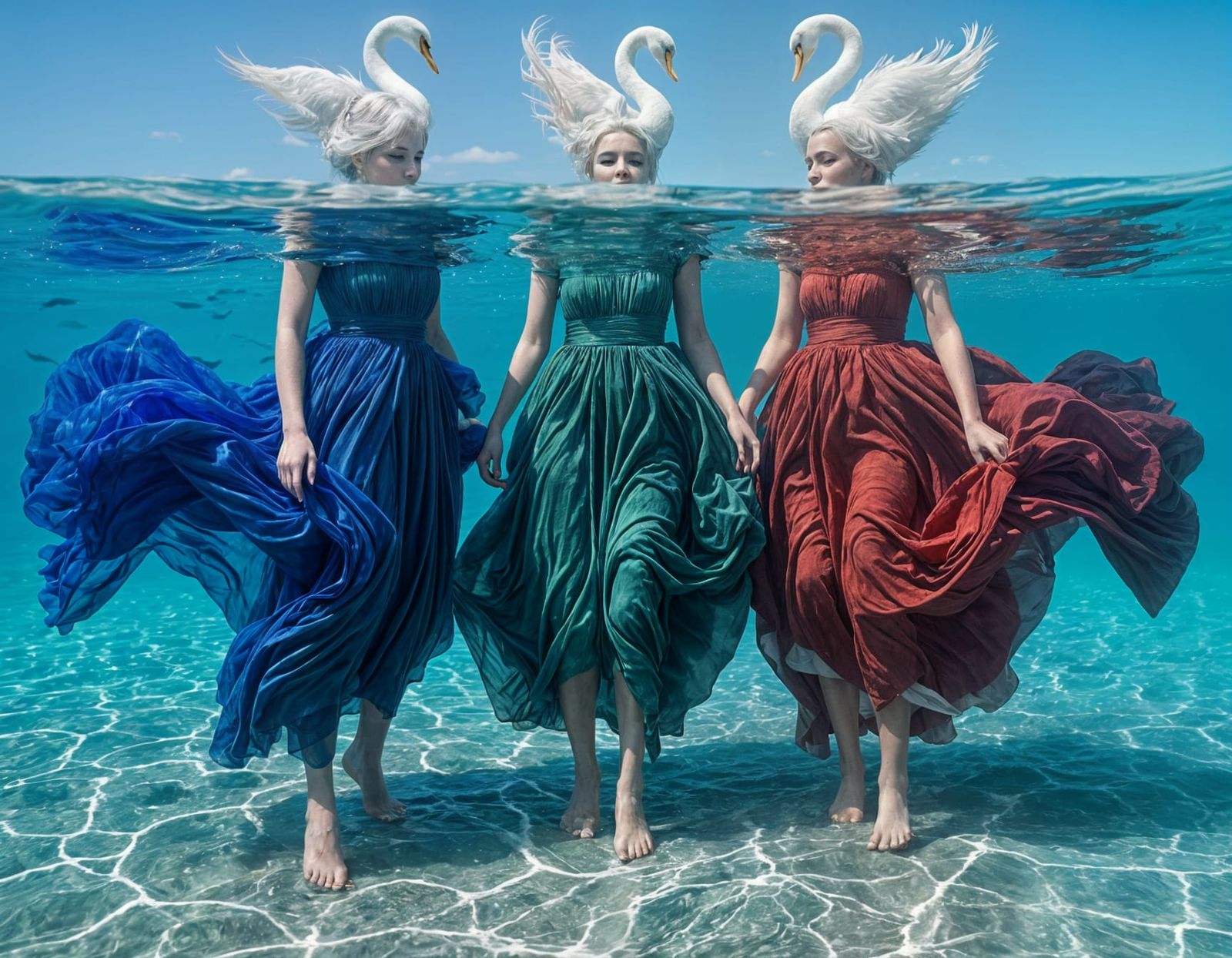 Surreal Split-View of Women as White Swans