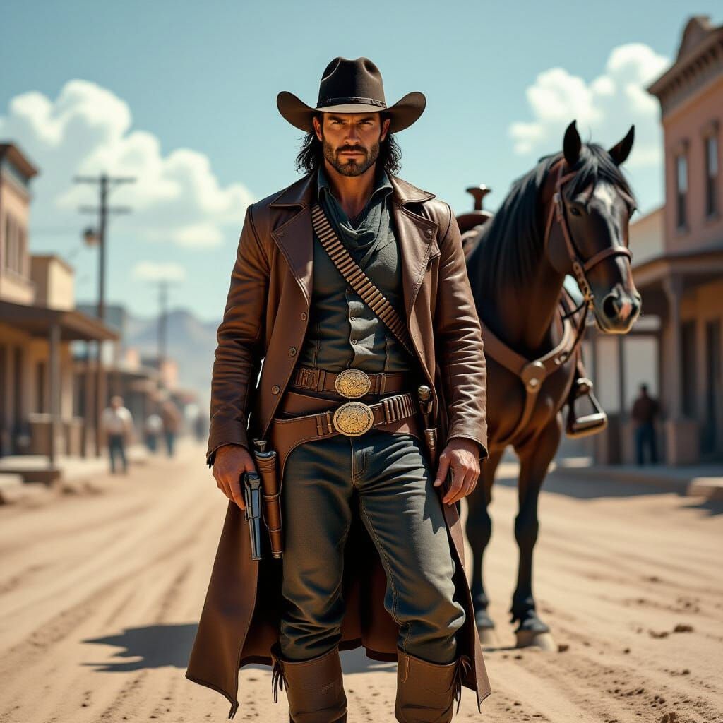 Rugged Cowboy on Western Street with Black Stallion