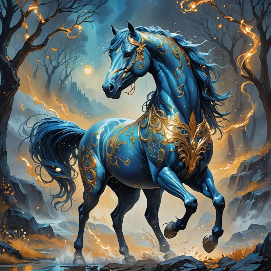 Blue Horse with Gold Accents in Fantasy Landscape