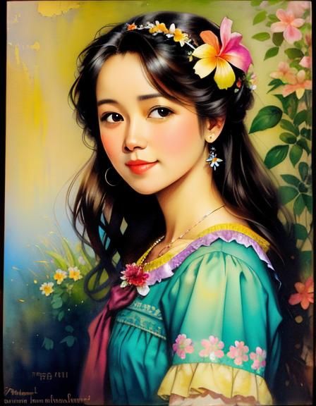 Hawaiian Girl Portrait in Watercolor and Ink