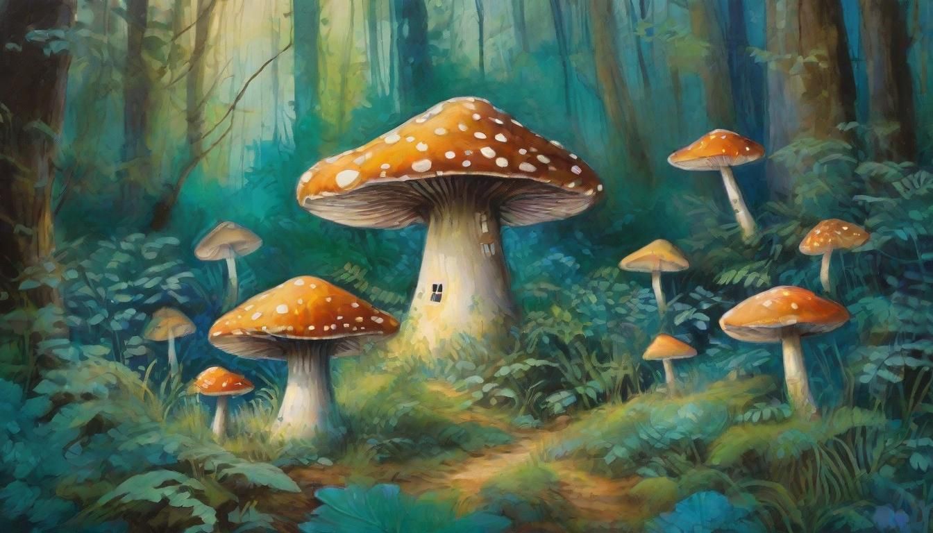Fairy Mushroom House in Bioluminescent Forest as Gouache Pai...