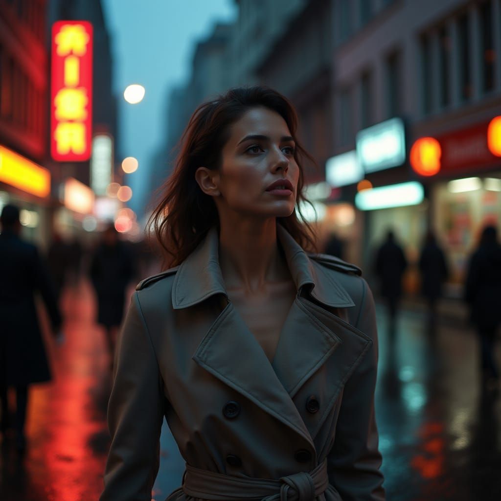 Reporter on Rainy City Street at Dusk