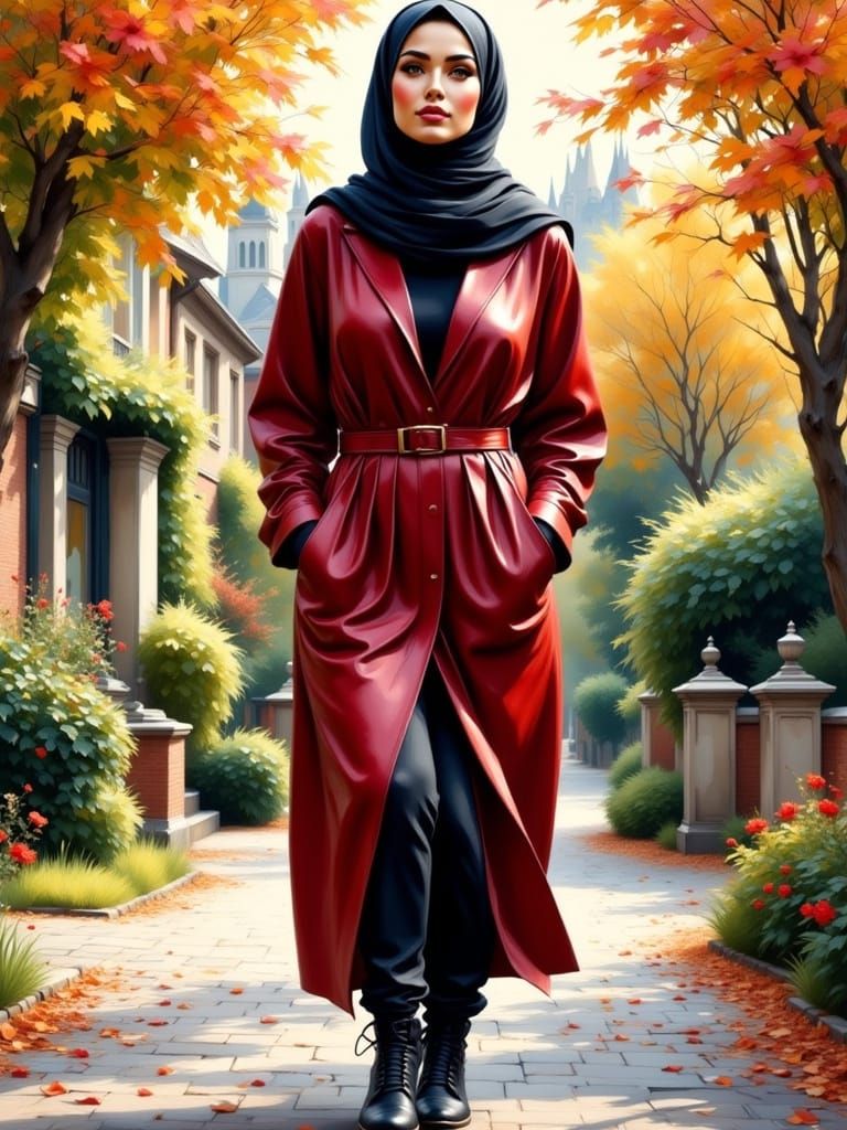 Hijab Woman in Picturesque Landscape, Art Nouveau Style