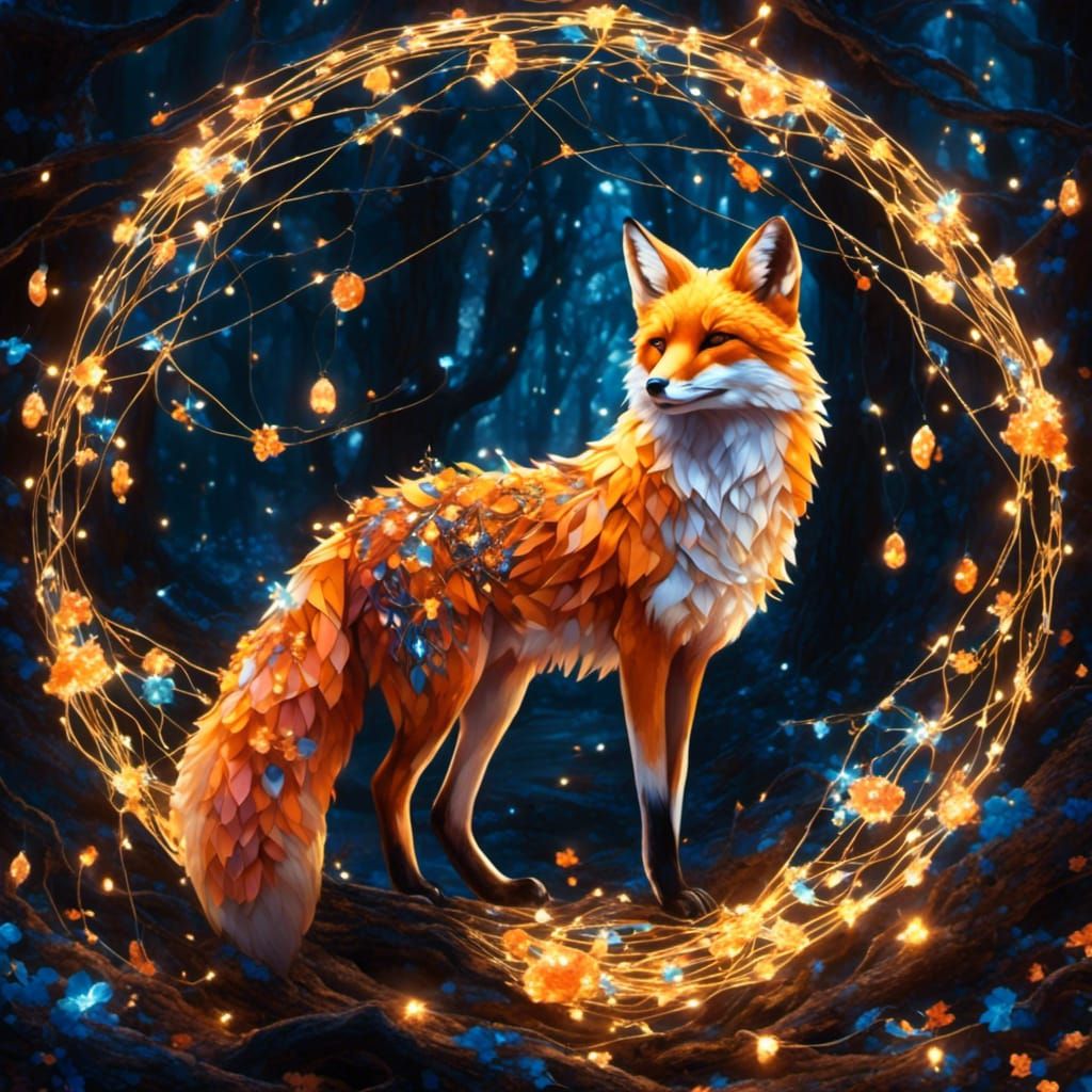 Geometric Fox with Fairy Lights in Digital Art