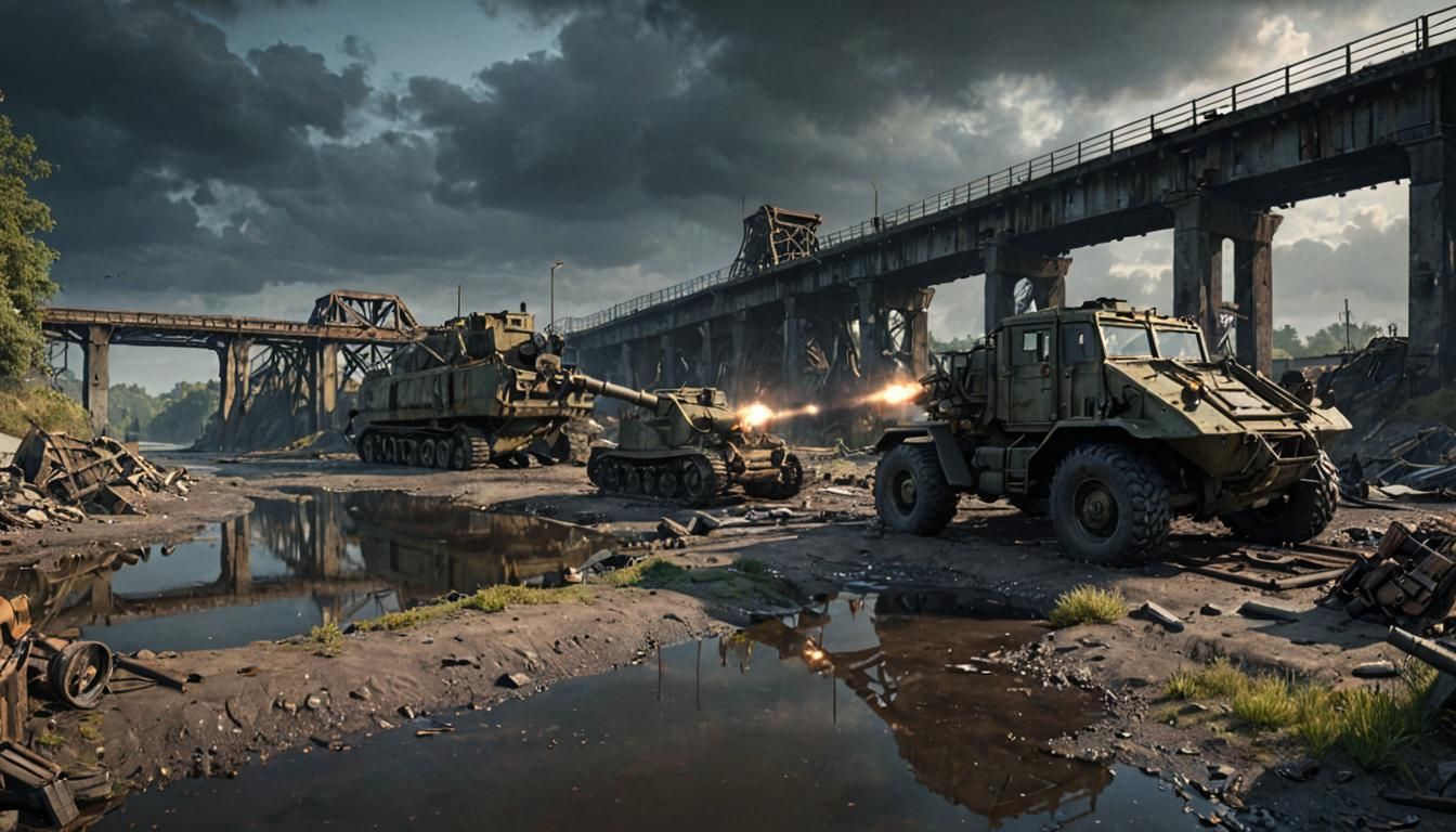 Dieselpunk Artillery on Wasteland Bridge in Volumetric Light