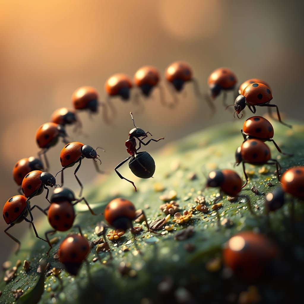 Ladybugs Gather in Whimsical Dance Around a Central Ant in a...