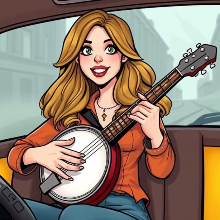 Cartoon Woman Taxi Driver in a Joyful Banjo Performance