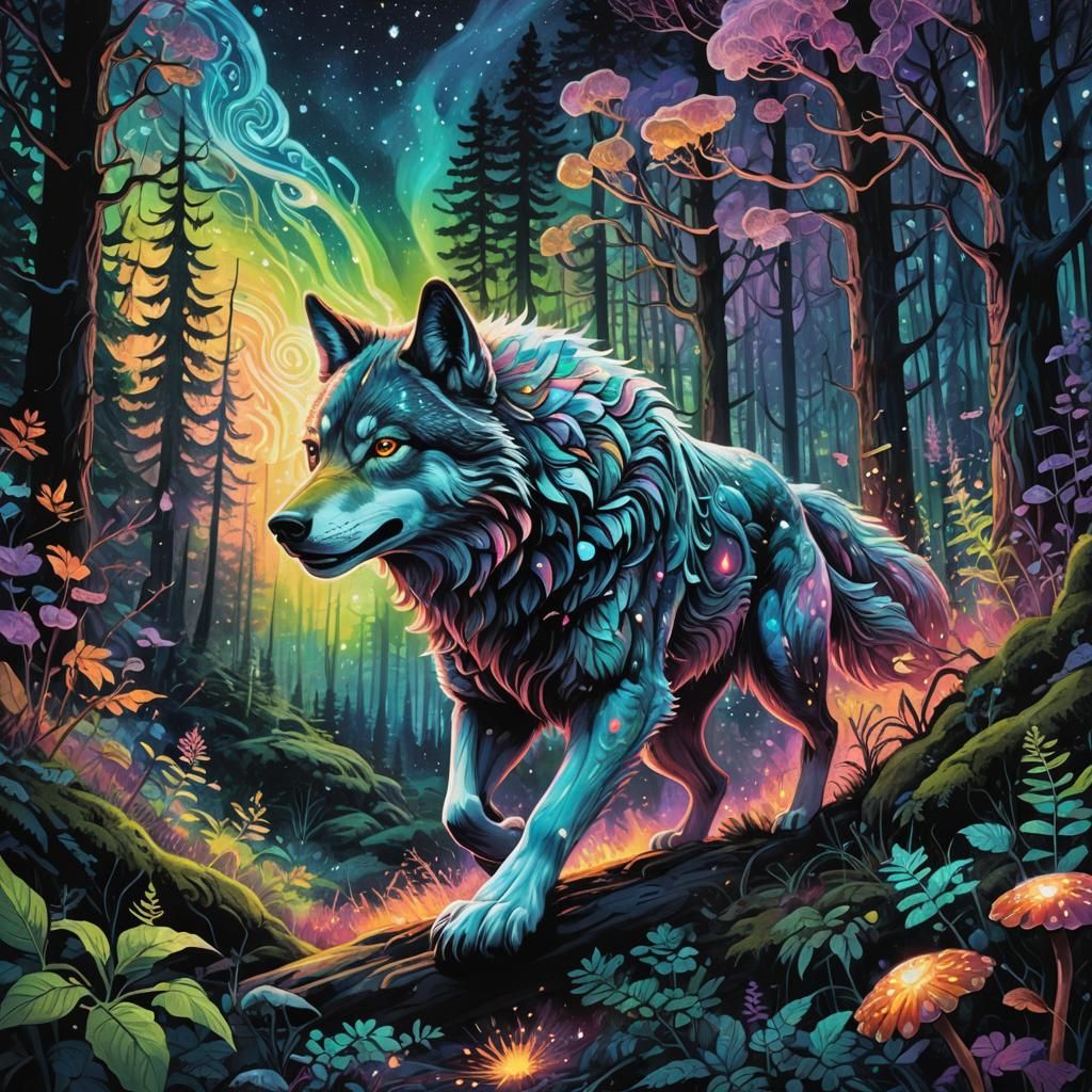 Wolf Chasing Rabbit in Astral Illustration