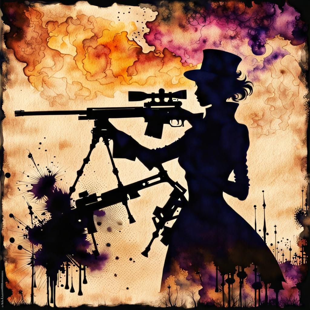 Steampunk Sniper: Ink and Watercolor Silhouette