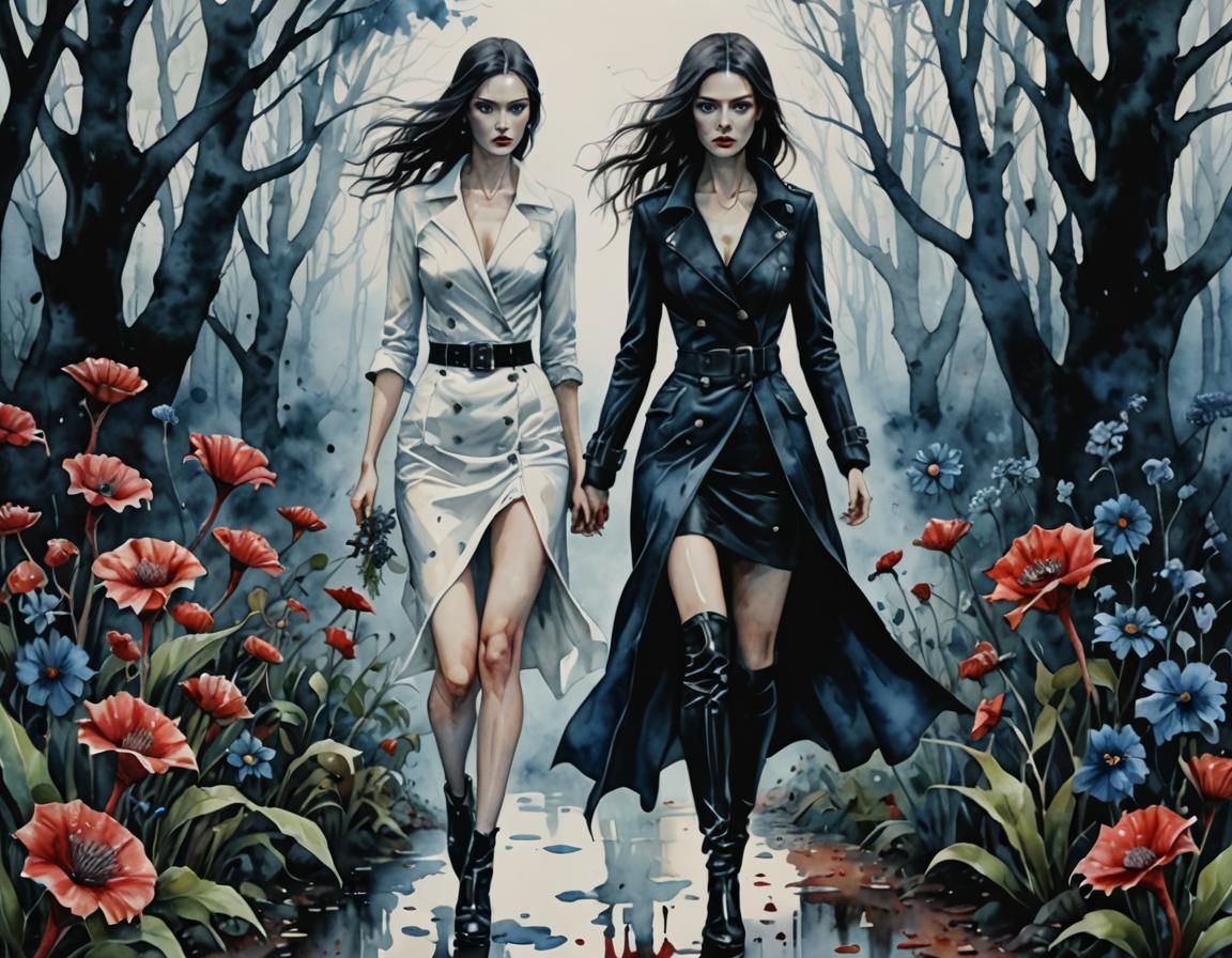 Hyperrealistic Woman Running in Dark Fantasy Watercolor