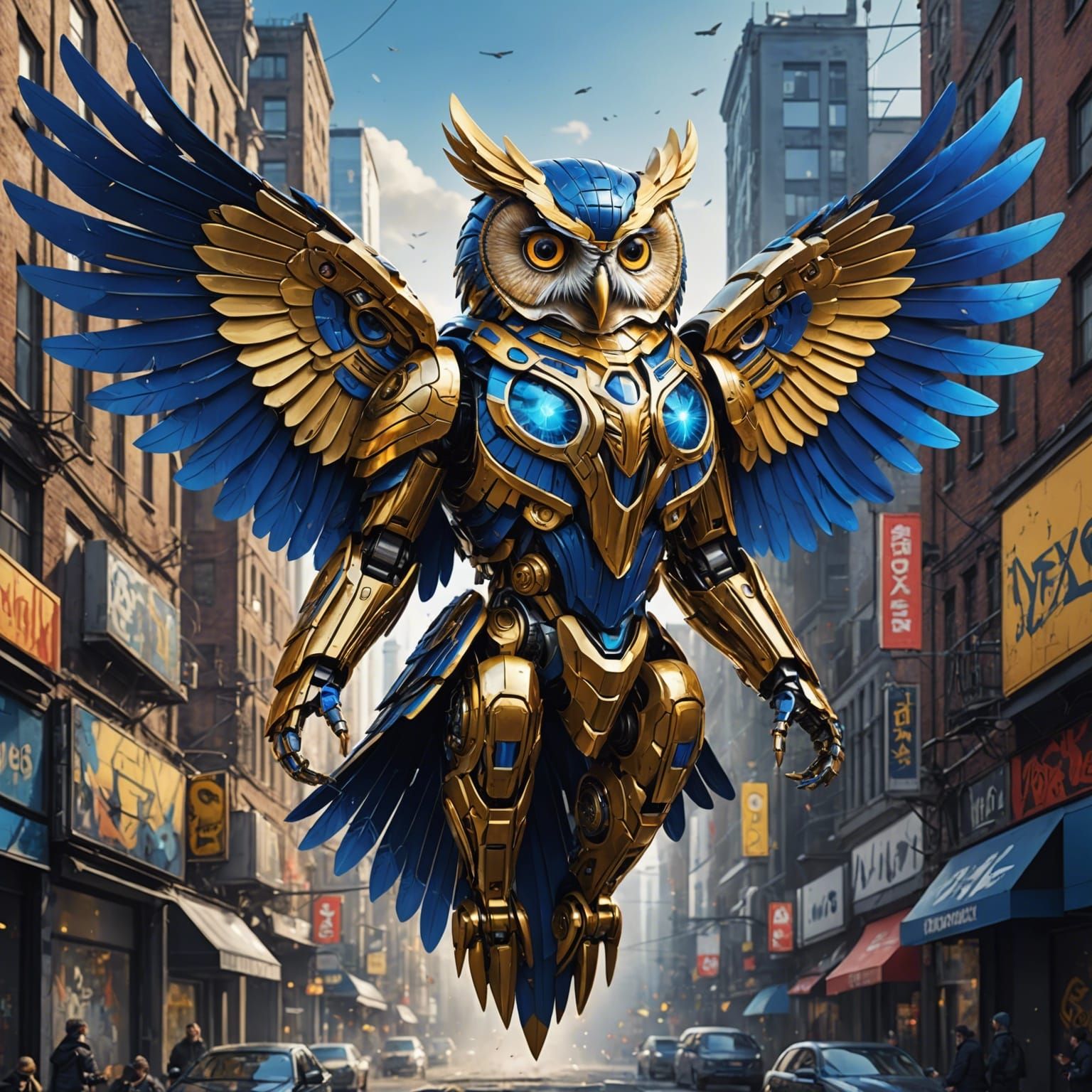 Golden Mecha Owl in Flight: Digital Graffiti Art