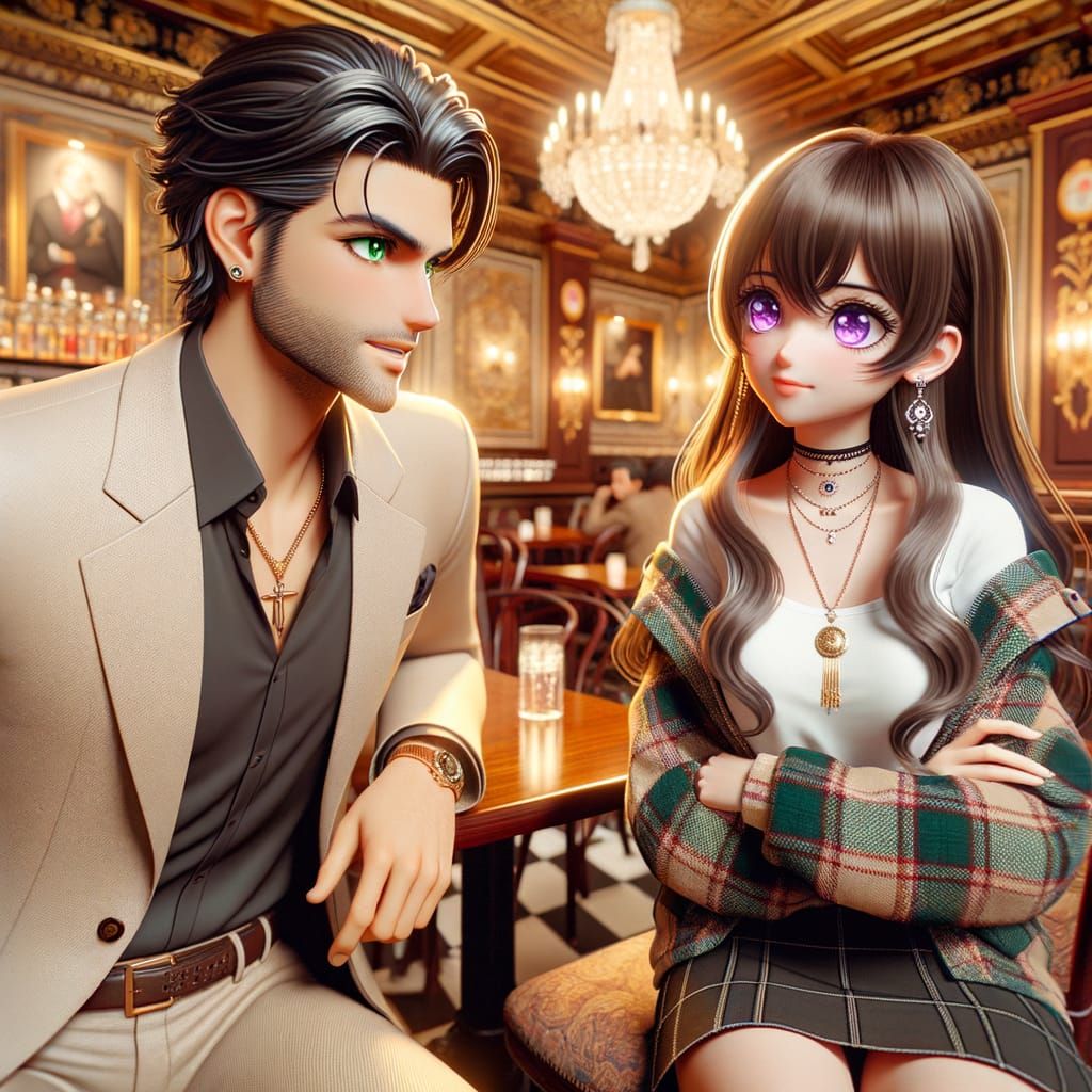 Anime Characters Enjoy Coffee in Elegant Café Setting