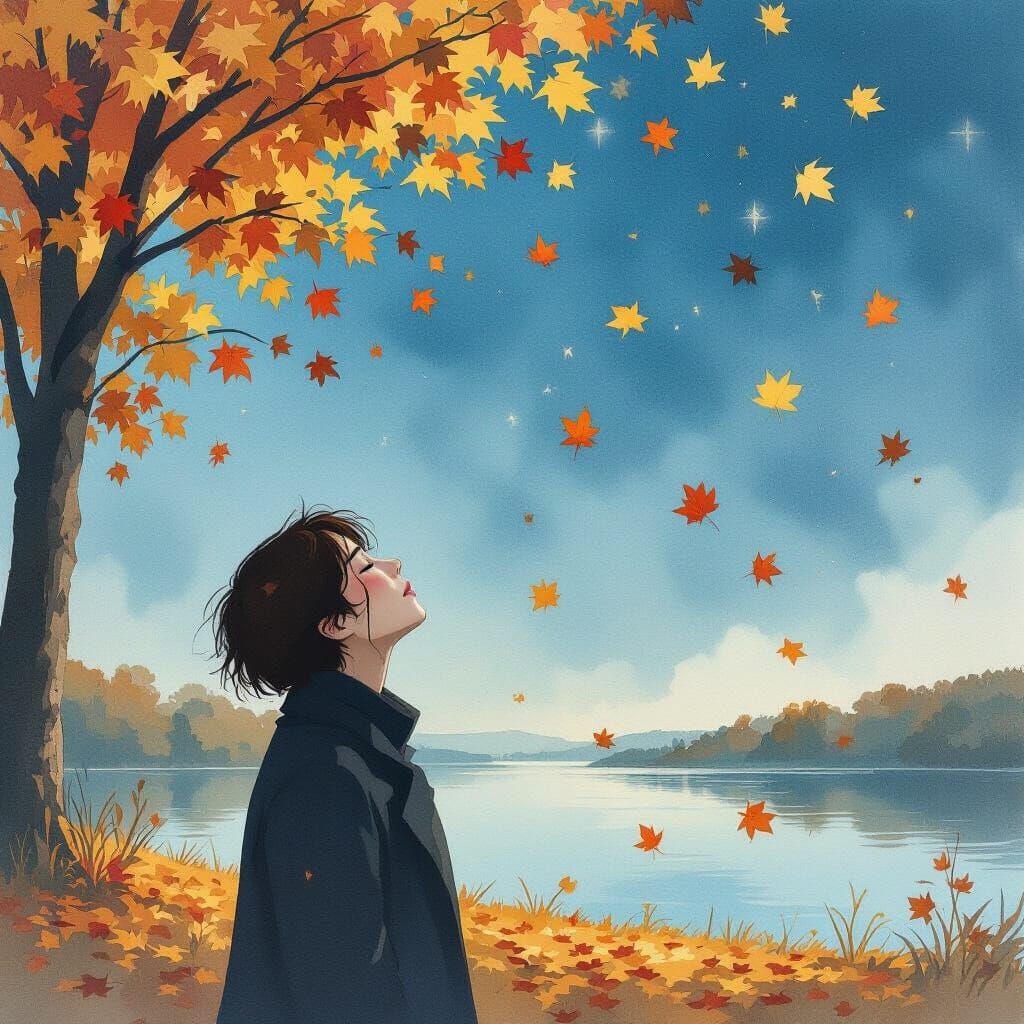 Solitary Figure Under Vast Sky, Autumn Leaves, Watercolor St...