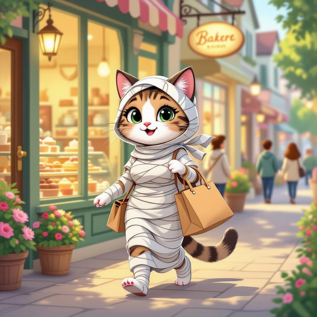 Anthropomorphic Cat Lady Mummy Shopping in Cute Town