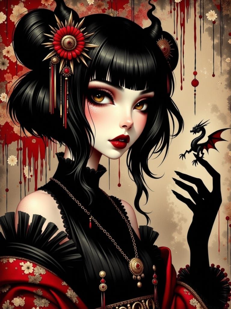 Japanese Woman Holding Tiny Dragon in Goth Style
