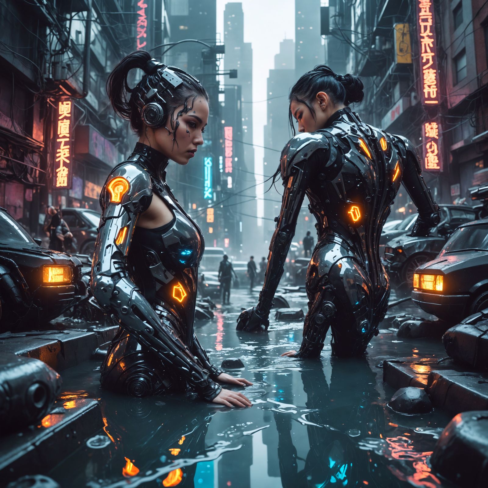 Cyberpunk Cityscape Meltdown in Hyperreal Style