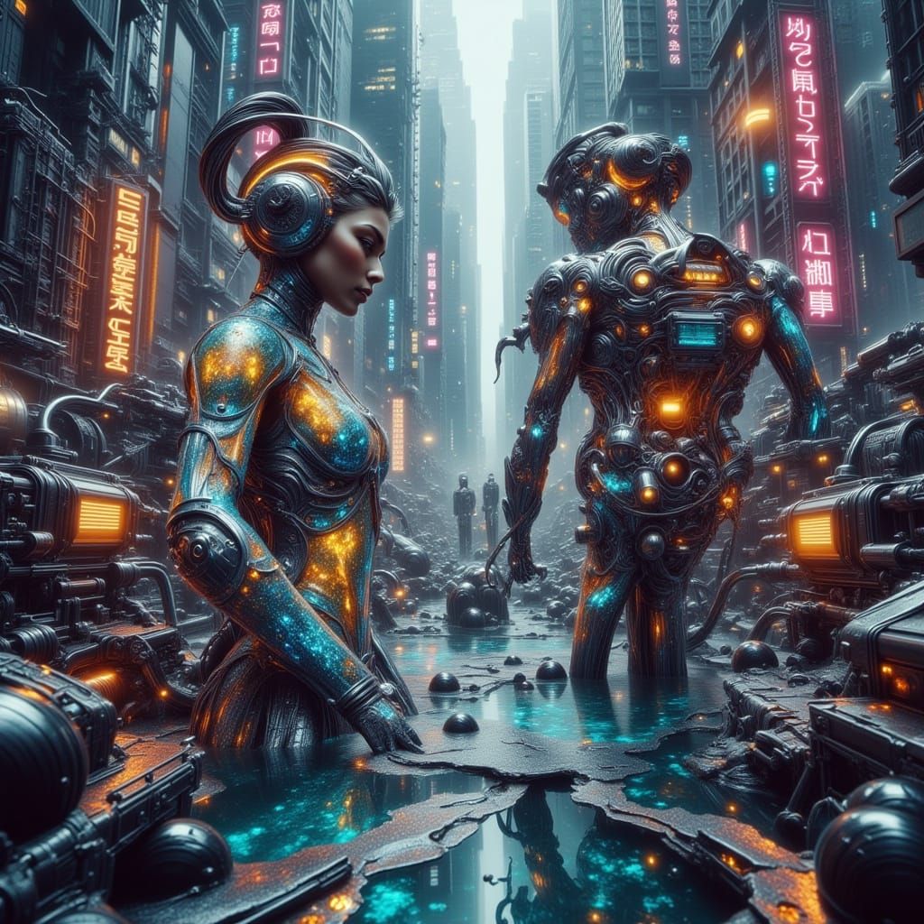 Cyberpunk Cityscape Meltdown in Hyperreal Style