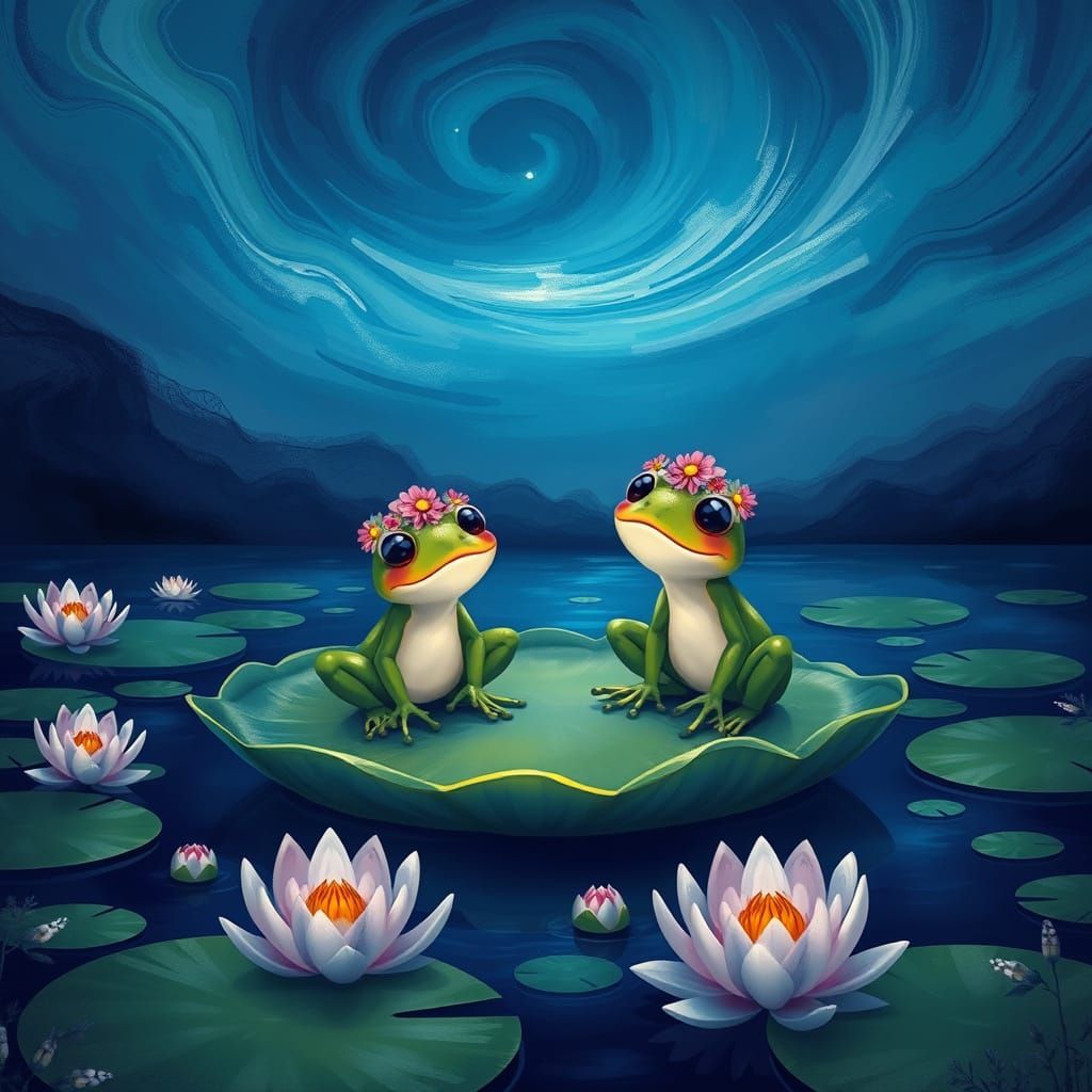 Whimsical Frogs in Dreamy Nighttime Scene