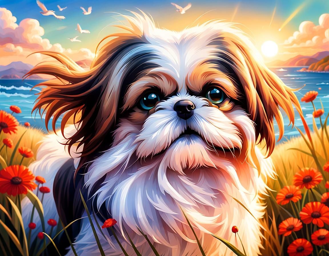 Shih-Tzu Family Portrait with Floral Accents