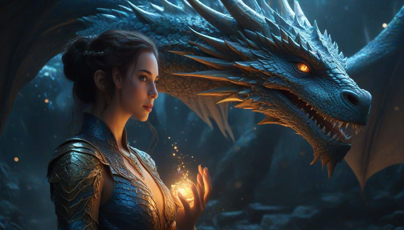 An epic fantasy scene of a woman and a dragon sharing a magi...
