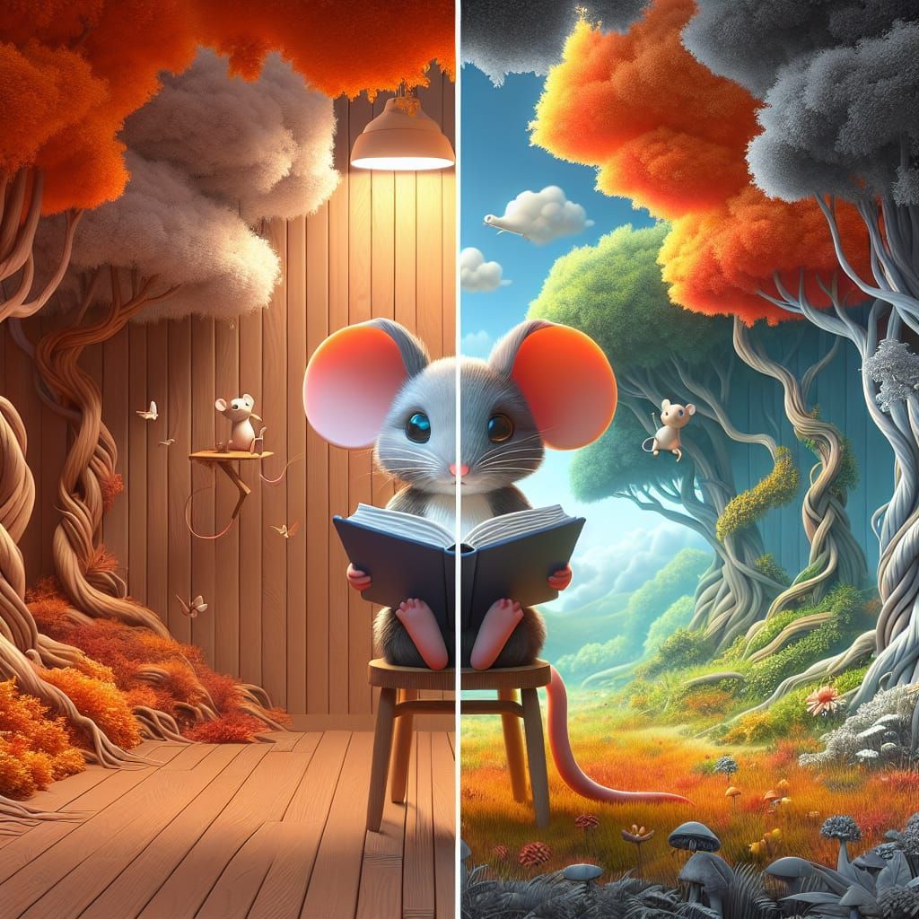 Mouse Reading Book in Surreal Summer-Autumn Landscape