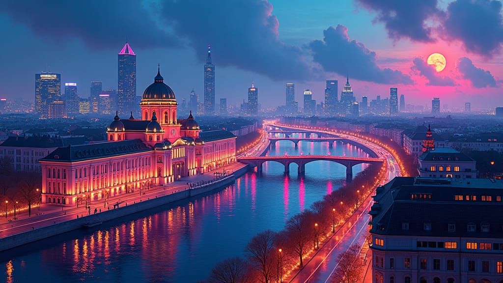 Fluorescent Vienna Panorama in Cyberpunk Gouache Style