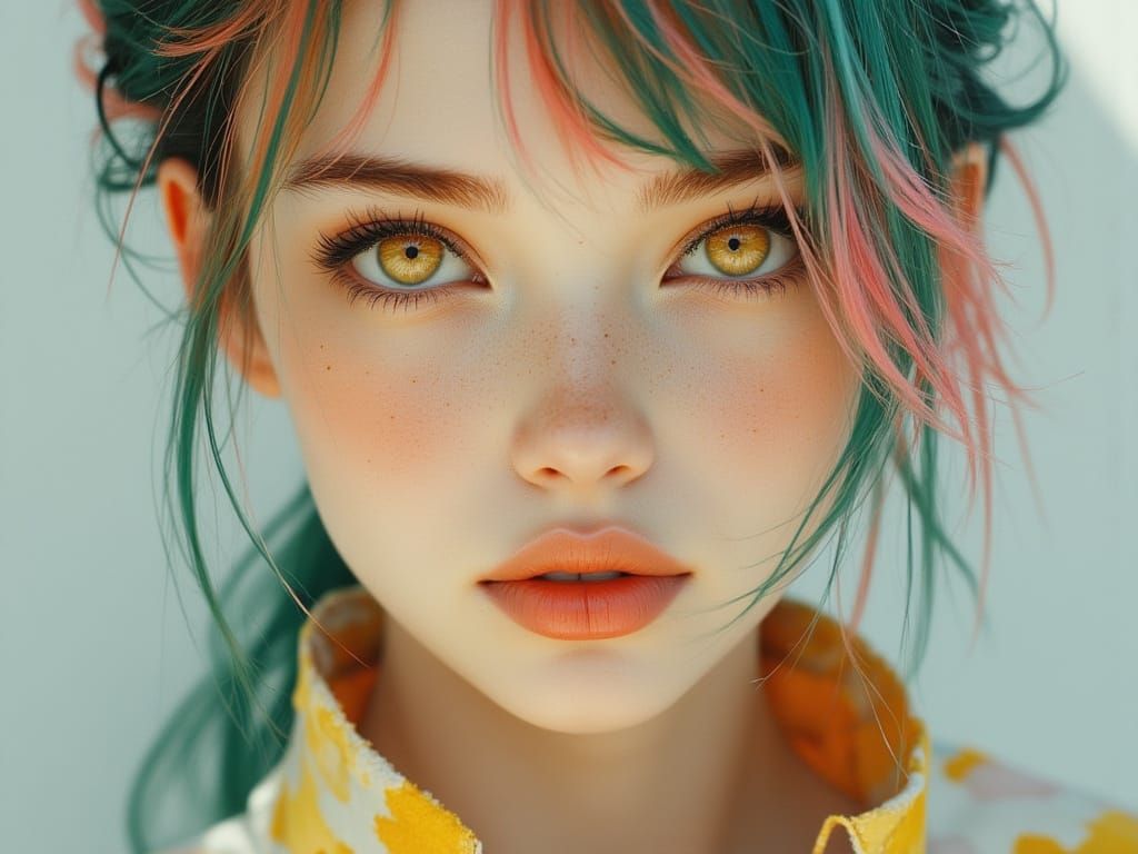 K-Pop Idol with Teal and Pink Hair in Dynamic Pose