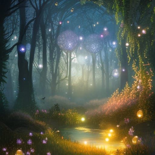 Magical Glowing Orbs in a Night Garden