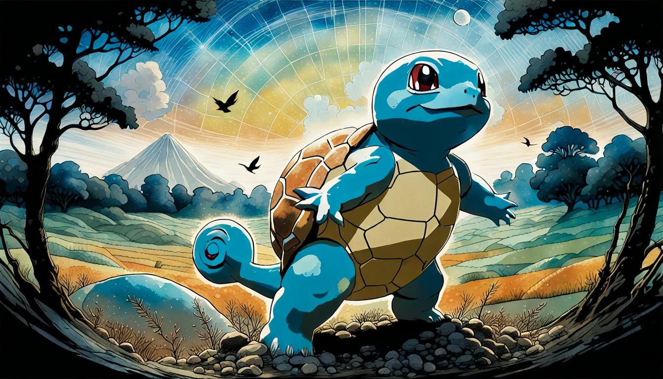 Anime Squirtle Double Exposure Silhouette in 2D Art
