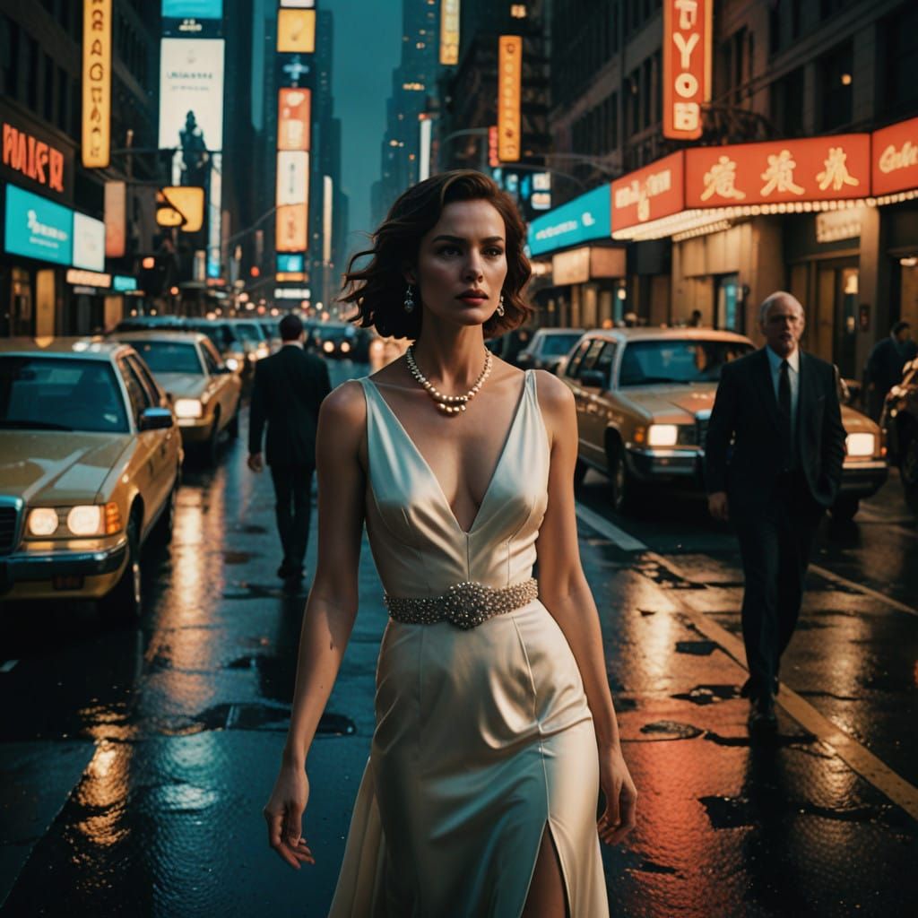 Sensual Woman in Evening Gown Walks Against New York City Tr...