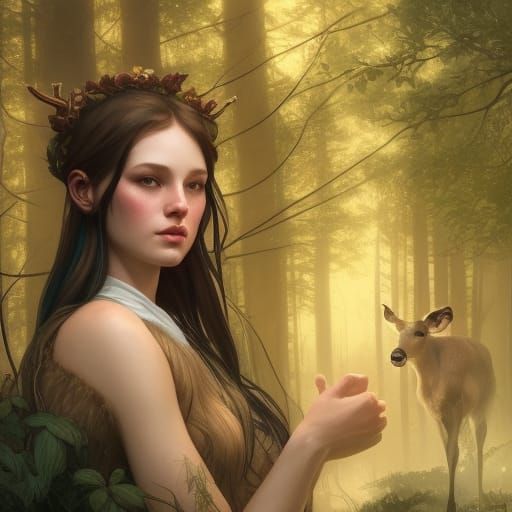 Girl and Deer Portrait in Hyperdetailed Style
