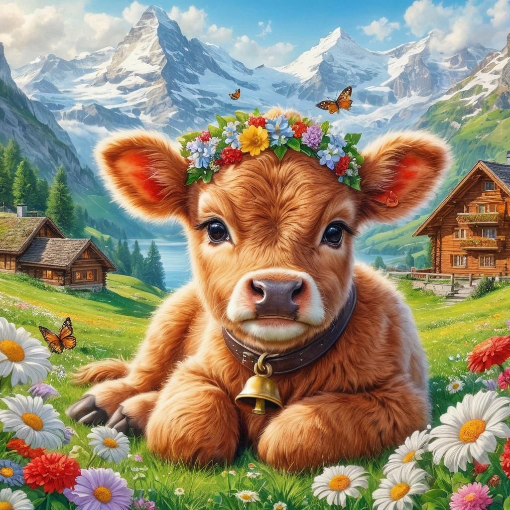 Cute Baby Swiss Cow in Alpine Meadow