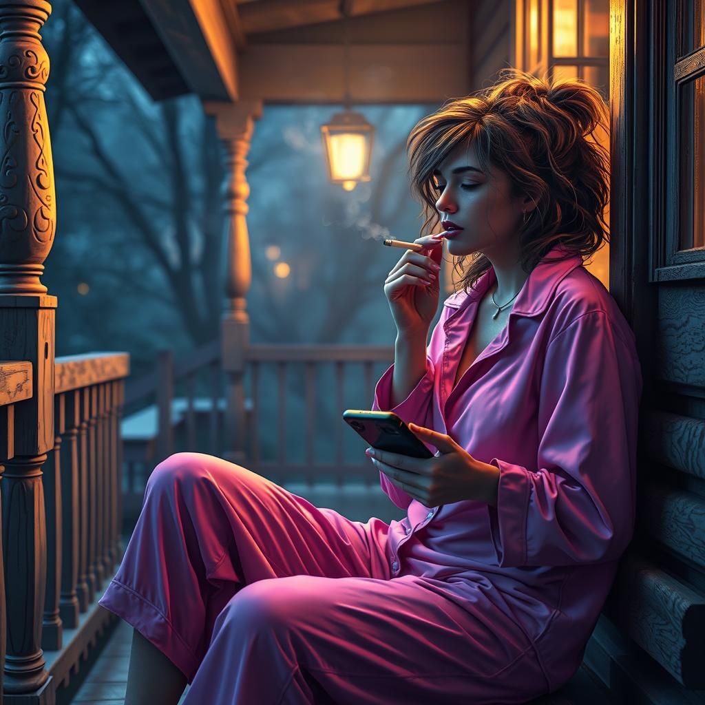 Woman in pink pajamas still sleepy and disheveled hair on th...