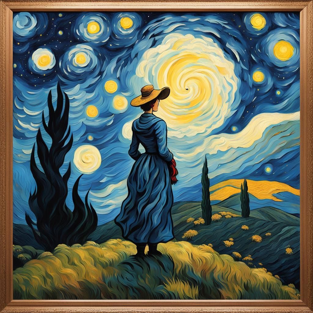 French Shepherdess Gazing at Night Sky in Post-Impressionist...