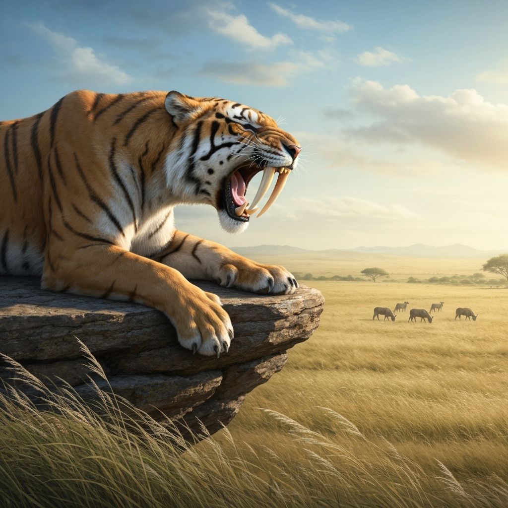 Resting Saber-Toothed Tiger Overlooking Prehistoric Savanna